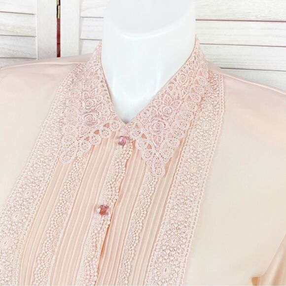 Kathy Che Vintage Sheer Lace Pleats Detail Blouse Peach Pink 12 - Picture 2 of 11